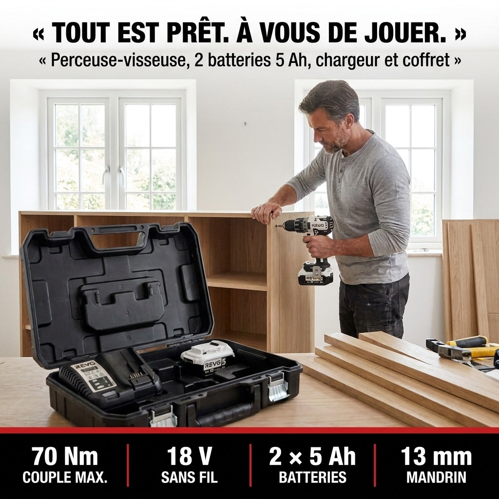 Perceuse-Visseuse Sans Fil REVO Striker 70 – 18 V – 70 Nm – 2 Batteries 5 Ah – Brushless – Mandrin 13 mm – Coffret Inclus