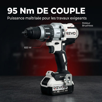 Perceuse-Visseuse à Percussion Sans Fil REVO Raptor 95 – 18 V – 95 Nm – 2 Batteries 5 Ah – Brushless – 3 Vitesses – Mandrin 13 mm – Coffret Inclus