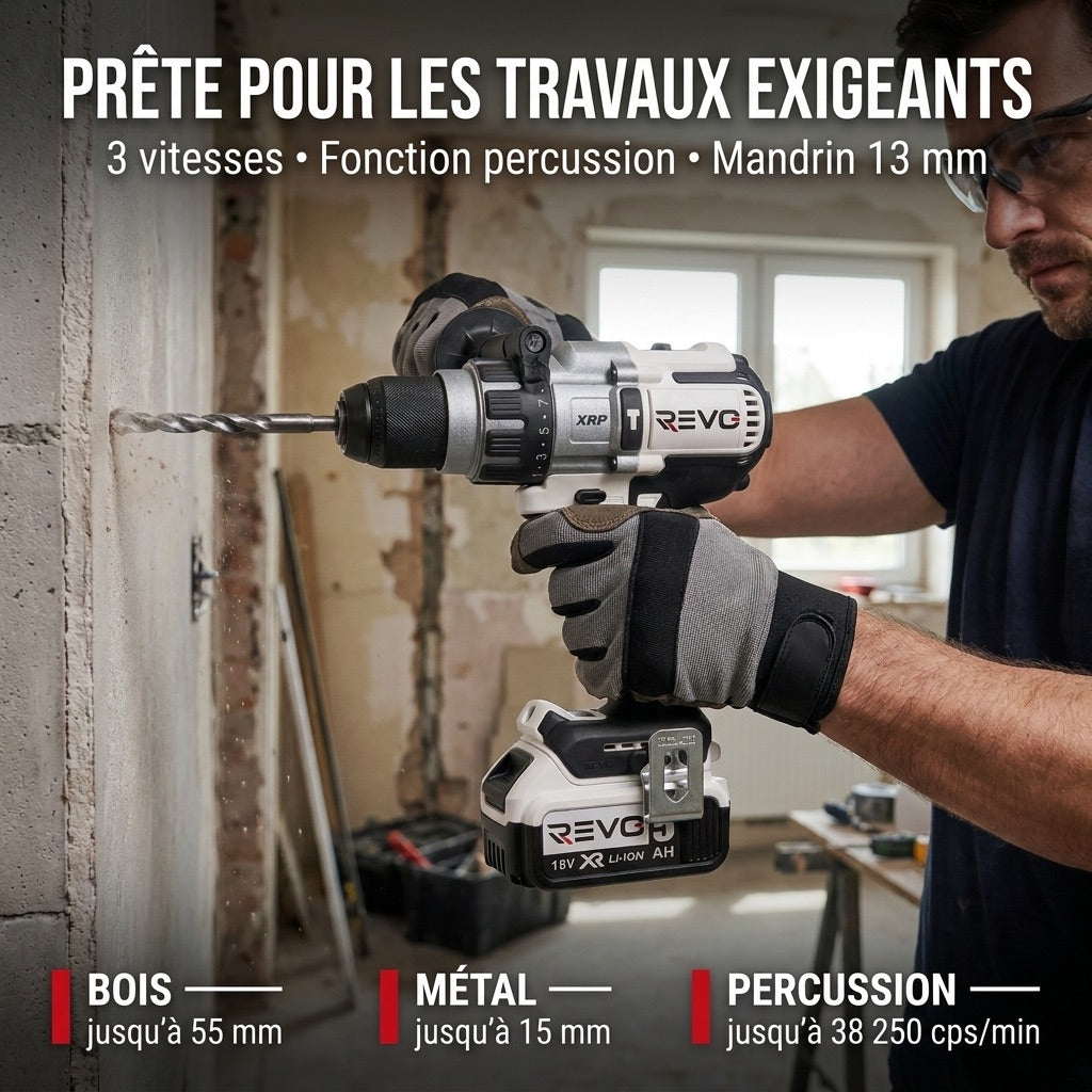Perceuse-Visseuse à Percussion Sans Fil REVO Raptor 95 – 18 V – 95 Nm – 2 Batteries 5 Ah – Brushless – 3 Vitesses – Mandrin 13 mm – Coffret Inclus