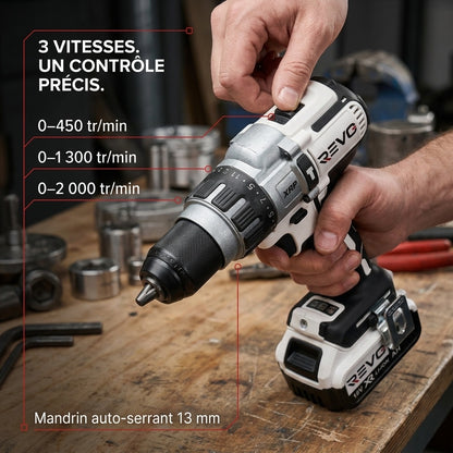 Perceuse-Visseuse à Percussion Sans Fil REVO Raptor 95 – 18 V – 95 Nm – 2 Batteries 5 Ah – Brushless – 3 Vitesses – Mandrin 13 mm – Coffret Inclus