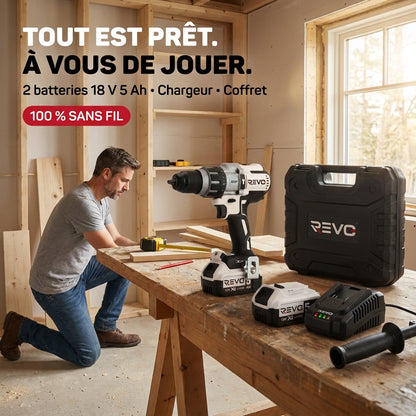 Perceuse-Visseuse à Percussion Sans Fil REVO Raptor 95 – 18 V – 95 Nm – 2 Batteries 5 Ah – Brushless – 3 Vitesses – Mandrin 13 mm – Coffret Inclus