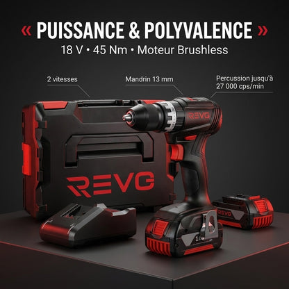 Perceuse-Visseuse à Percussion Sans Fil REVO Core 45 – 18 V – 45 Nm – Brushless – 2 Batteries 3,0 Ah – Mandrin 13 mm – Coffret Inclus