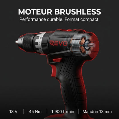 Perceuse-Visseuse à Percussion Sans Fil REVO Core 45 – 18 V – 45 Nm – Brushless – 2 Batteries 3,0 Ah – Mandrin 13 mm – Coffret Inclus