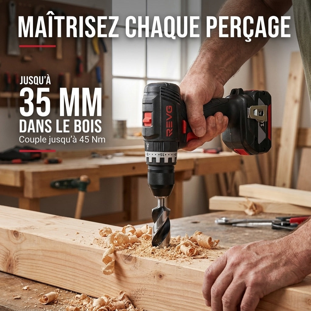 Perceuse-Visseuse à Percussion Sans Fil REVO Core 45 – 18 V – 45 Nm – Brushless – 2 Batteries 3,0 Ah – Mandrin 13 mm – Coffret Inclus
