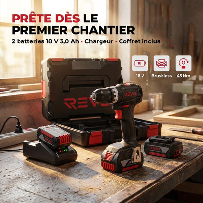 Perceuse-Visseuse à Percussion Sans Fil REVO Core 45 – 18 V – 45 Nm – Brushless – 2 Batteries 3,0 Ah – Mandrin 13 mm – Coffret Inclus