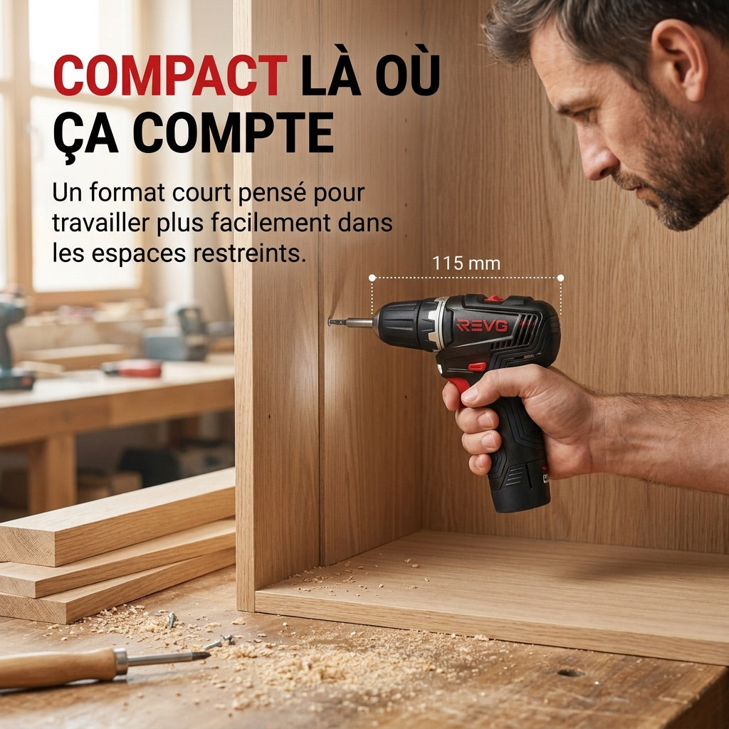 Perceuse-Visseuse Sans Fil REVO Pivot 35 – 12 V – 35 Nm – Brushless – 4 Accessoires Interchangeables – Mandrin 10 mm – Coffret Inclus