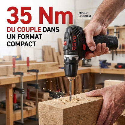 Perceuse-Visseuse Sans Fil REVO Pivot 35 – 12 V – 35 Nm – Brushless – 4 Accessoires Interchangeables – Mandrin 10 mm – Coffret Inclus