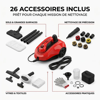 Nettoyeur Vapeur REVO Vaporis 2000 – 2 000 W – Vapeur jusqu’à 160 °C – 26 Accessoires – Débit Réglable – Câble 5 m