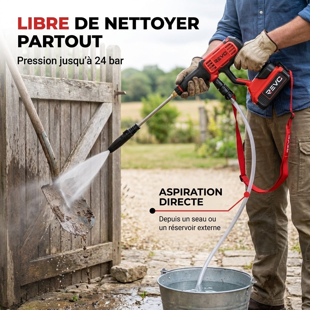 Nettoyeur Haute Pression Sans Fil REVO Jetra 24 – Pression 24 Bar – Auto-Amorçage – IPX5 – Accessoires Inclus