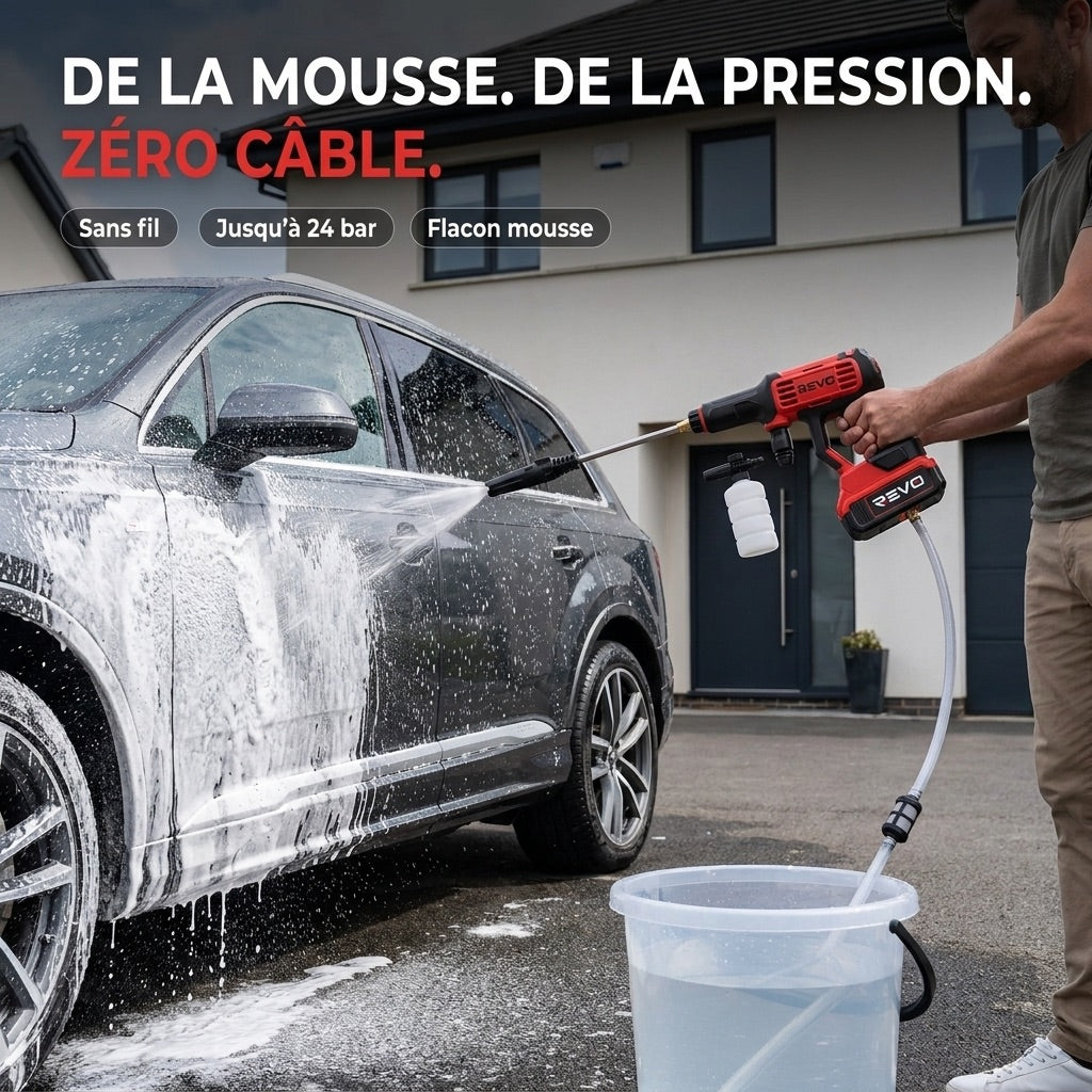 Nettoyeur Haute Pression Sans Fil REVO Jetra 24 – Pression 24 Bar – Auto-Amorçage – IPX5 – Accessoires Inclus