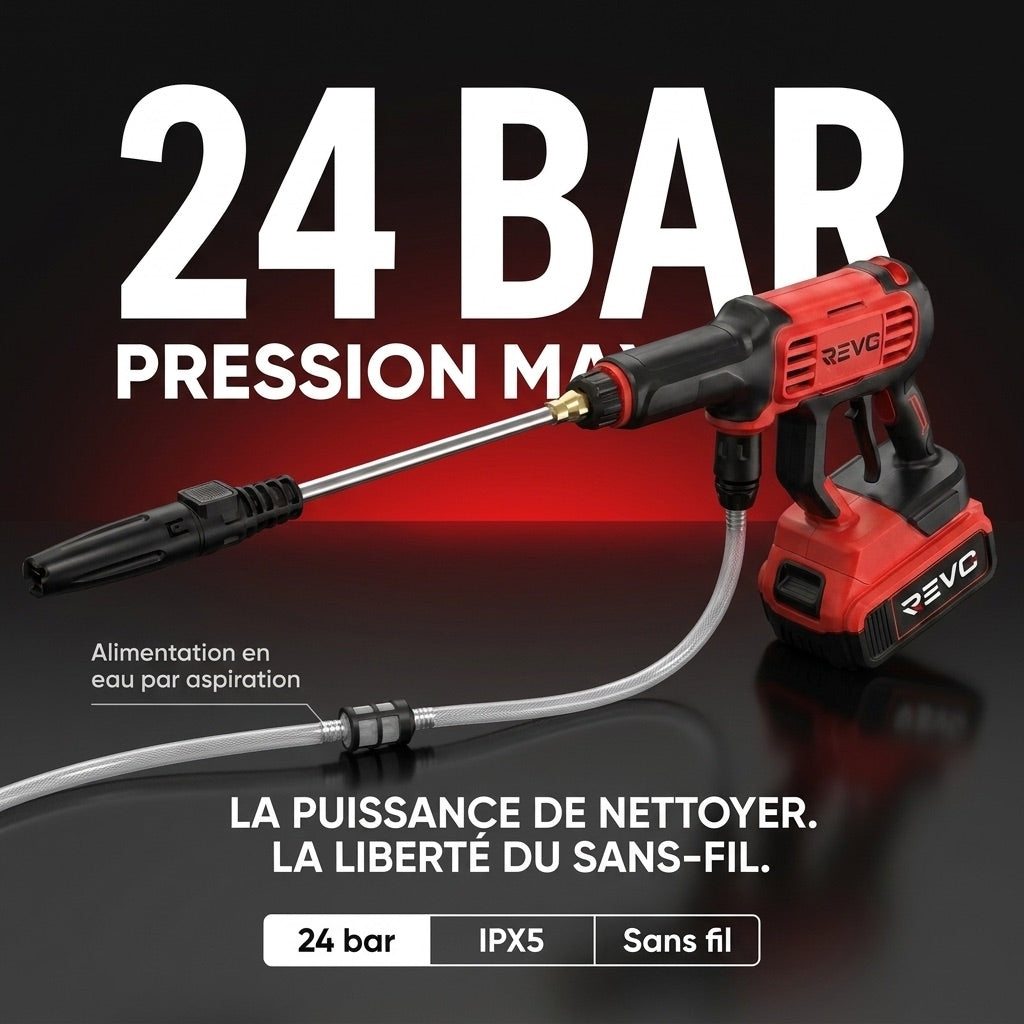 Nettoyeur Haute Pression Sans Fil REVO Jetra 24 – Pression 24 Bar – Auto-Amorçage – IPX5 – Accessoires Inclus