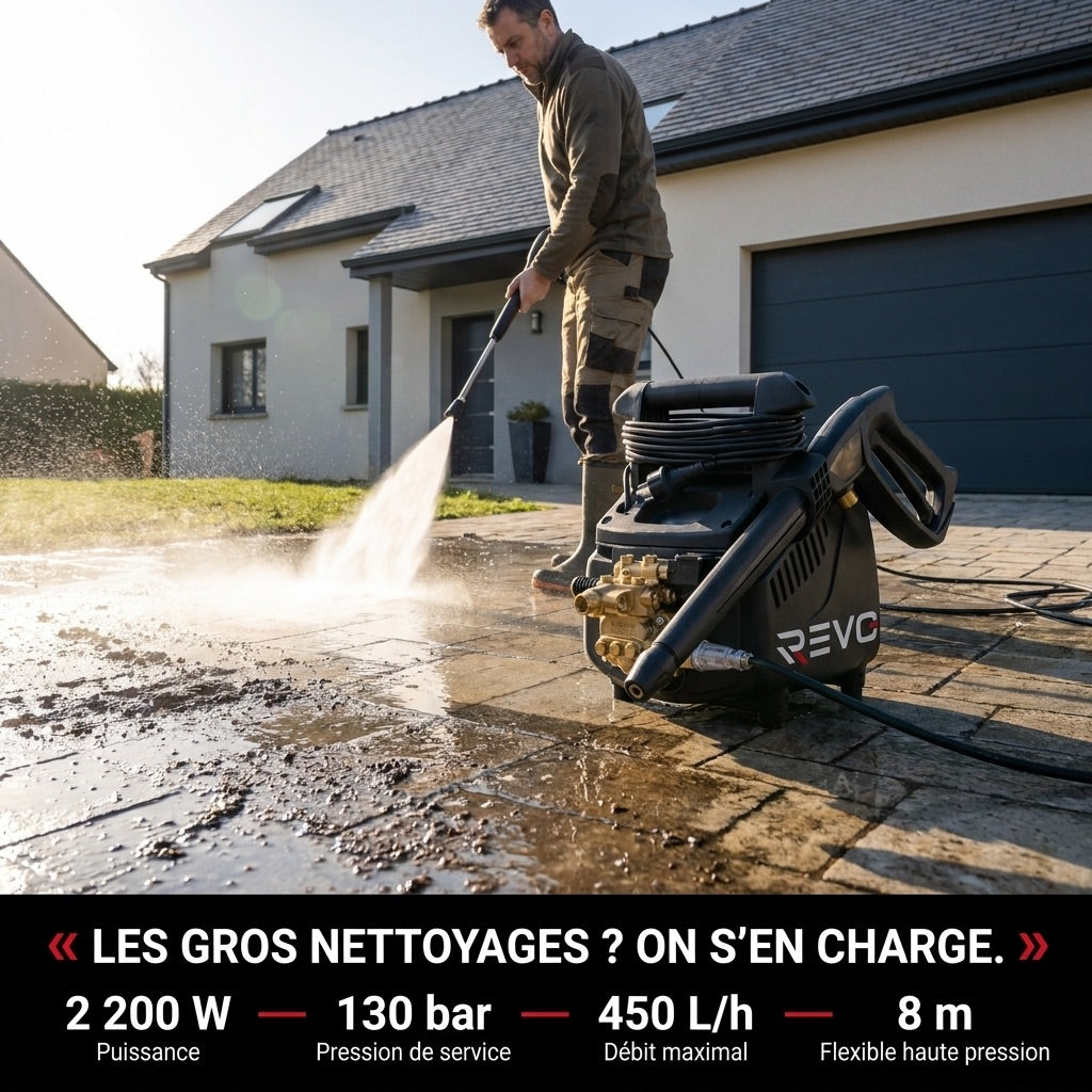 Nettoyeur Haute Pression REVO Atlas 130 – 2 200 W – 130 Bar – 450 L/h – Pompe Laiton – Flexible 8 m