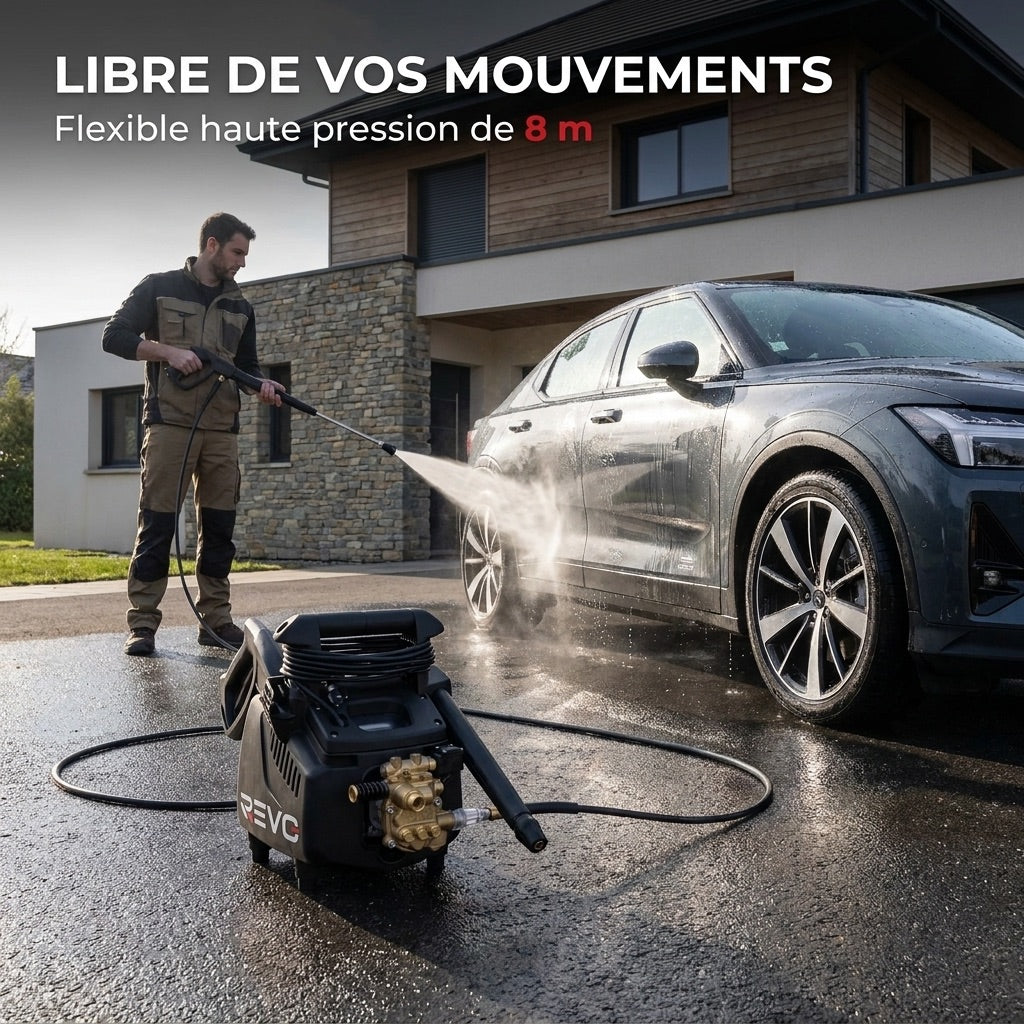 Nettoyeur Haute Pression REVO Atlas 130 – 2 200 W – 130 Bar – 450 L/h – Pompe Laiton – Flexible 8 m