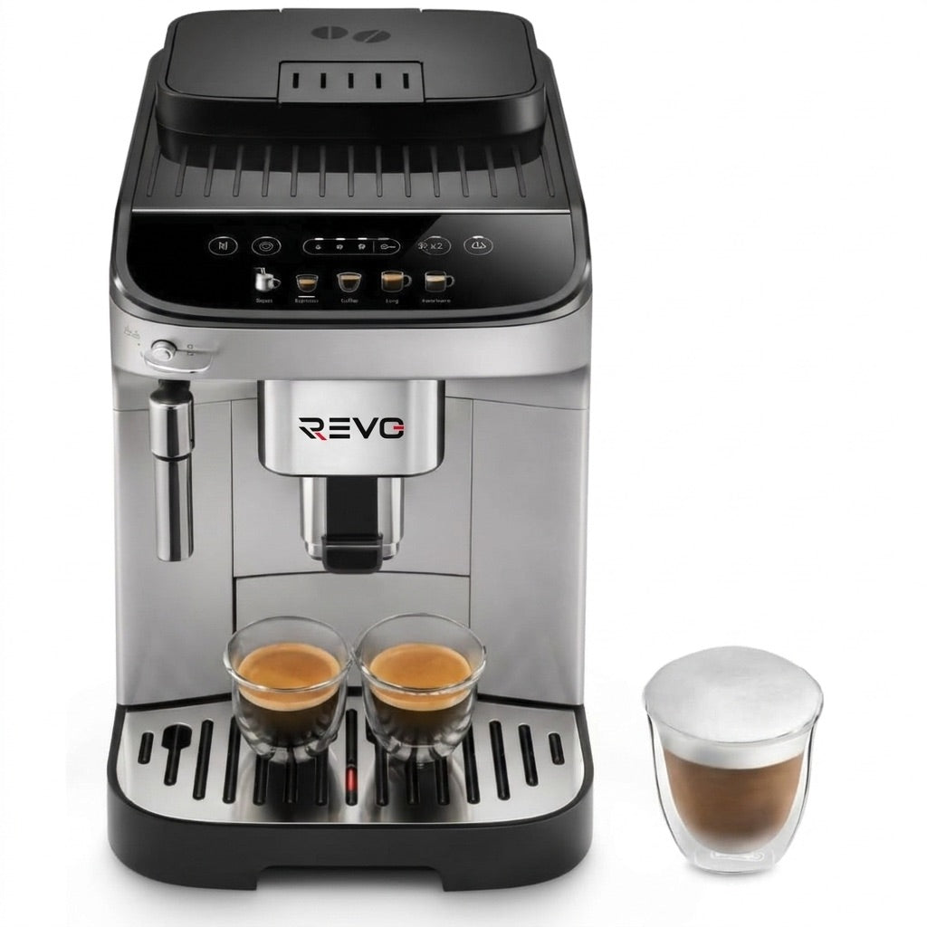 Machine à Café à Grains REVO Barista – Machine Expresso Automatique 1 450 W – 5 Boissons – Broyeur Intégré – Buse Vapeur – 1,8 L