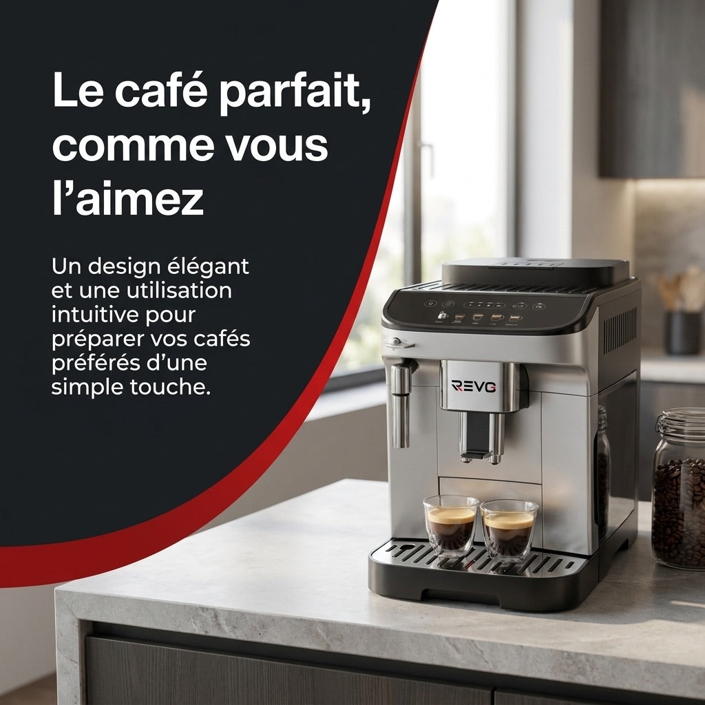 Machine à Café à Grains REVO Barista – Machine Expresso Automatique 1 450 W – 5 Boissons – Broyeur Intégré – Buse Vapeur – 1,8 L