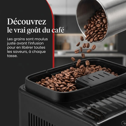Machine à Café à Grains REVO Barista – Machine Expresso Automatique 1 450 W – 5 Boissons – Broyeur Intégré – Buse Vapeur – 1,8 L