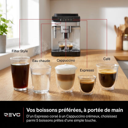 Machine à Café à Grains REVO Barista – Machine Expresso Automatique 1 450 W – 5 Boissons – Broyeur Intégré – Buse Vapeur – 1,8 L