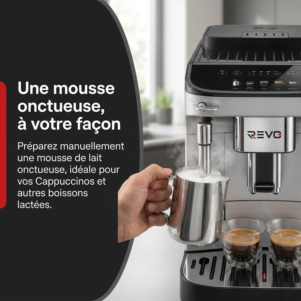 Machine à Café à Grains REVO Barista – Machine Expresso Automatique 1 450 W – 5 Boissons – Broyeur Intégré – Buse Vapeur – 1,8 L
