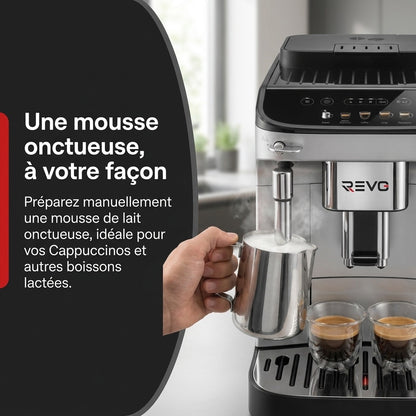 Machine à Café à Grains REVO Barista – Machine Expresso Automatique 1 450 W – 5 Boissons – Broyeur Intégré – Buse Vapeur – 1,8 L