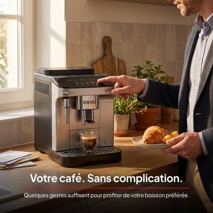 Machine à Café à Grains REVO Barista – Machine Expresso Automatique 1 450 W – 5 Boissons – Broyeur Intégré – Buse Vapeur – 1,8 L