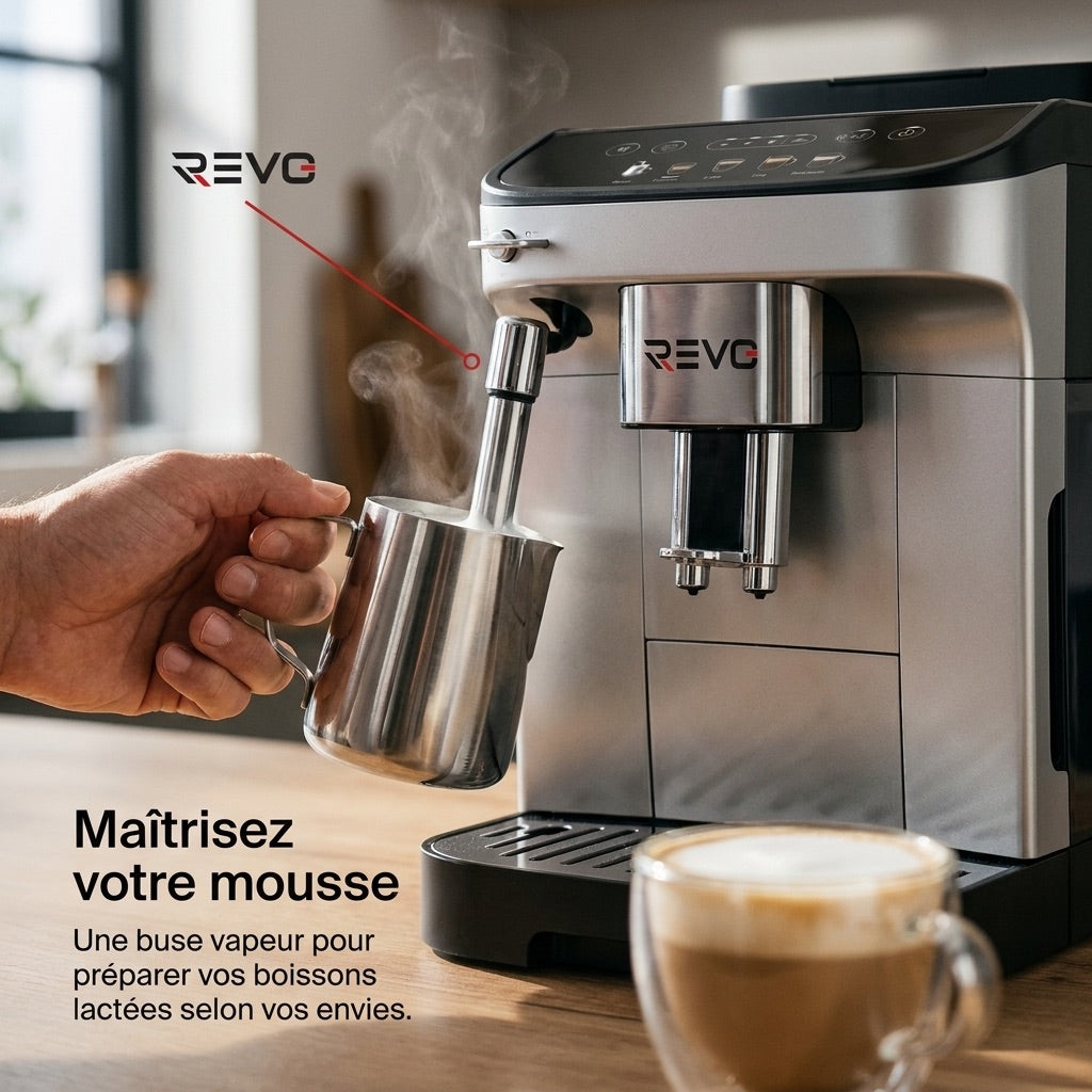 Machine à Café à Grains REVO Barista – Machine Expresso Automatique 1 450 W – 5 Boissons – Broyeur Intégré – Buse Vapeur – 1,8 L