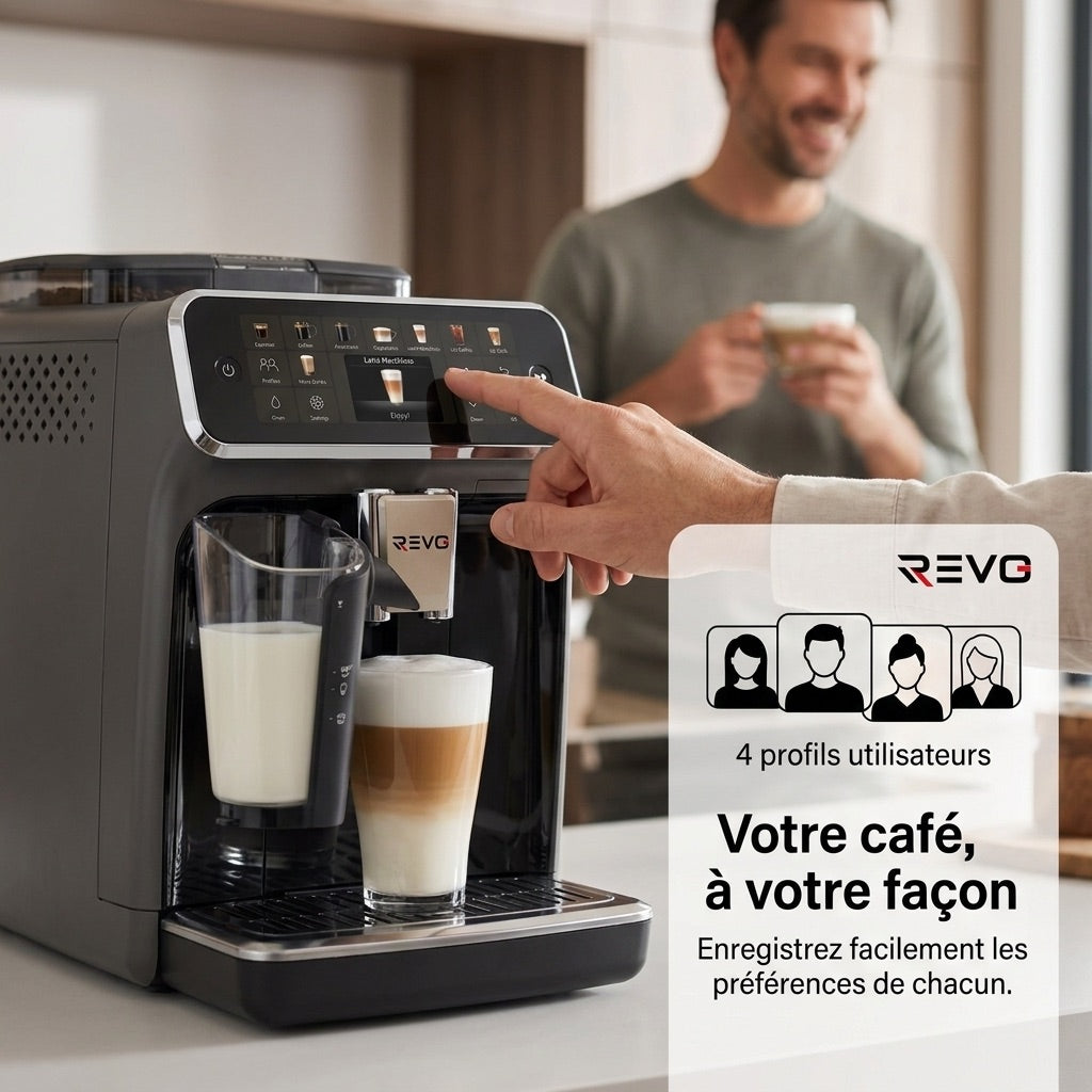 Machine à Café à Grains REVO Prestigio – Expresso Broyeur Automatique 1 500 W – 20 Boissons Chaudes & Glacées – Carafe à Lait – 4 Profils – 1,8 L