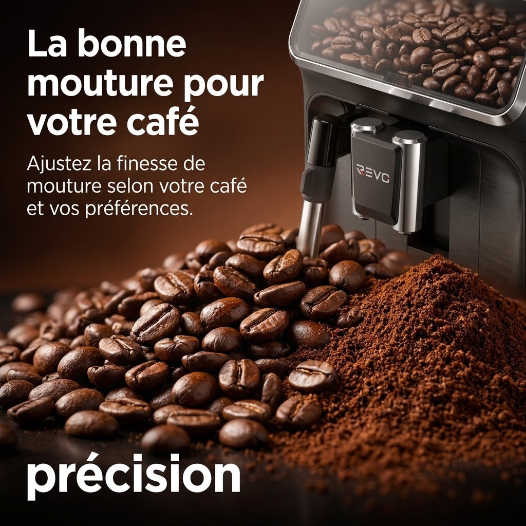 Machine à Café à Grains REVO Crema – Expresso Broyeur Automatique 1 500 W – 2 Cafés – Écran Tactile – Mousseur à Lait – 1,8 L