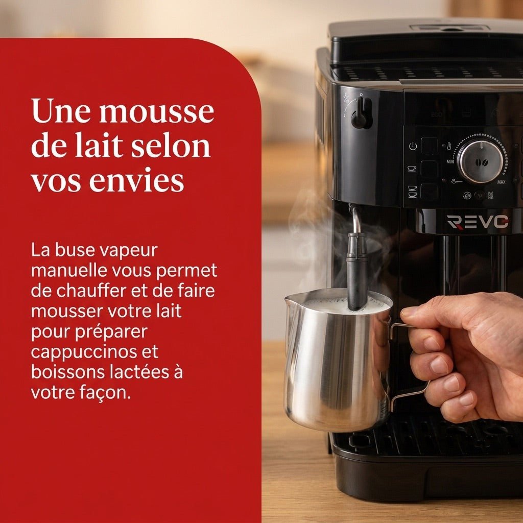 Machine à Café à Grains REVO Essenza – Expresso Broyeur Automatique 1 450 W – 2 Cafés – Buse Vapeur – Broyeur 13 Réglages
