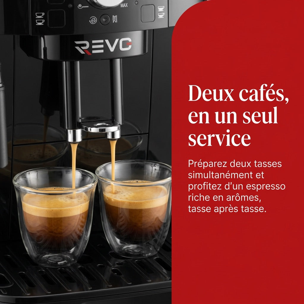 Machine à Café à Grains REVO Essenza – Expresso Broyeur Automatique 1 450 W – 2 Cafés – Buse Vapeur – Broyeur 13 Réglages