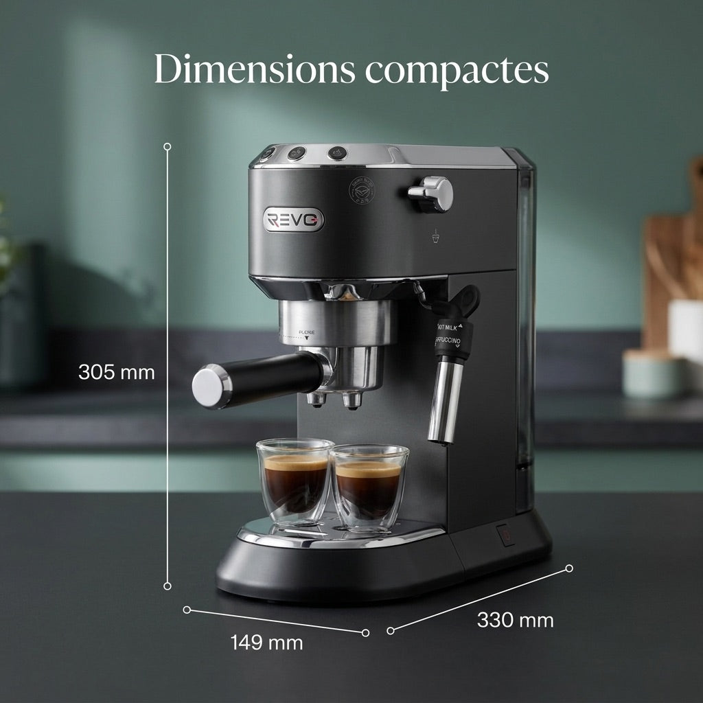 Machine à Expresso REVO Velora – 15 Bar – 1 350 W – Buse Vapeur – Café Moulu & Dosettes ESE – Réservoir 1 L