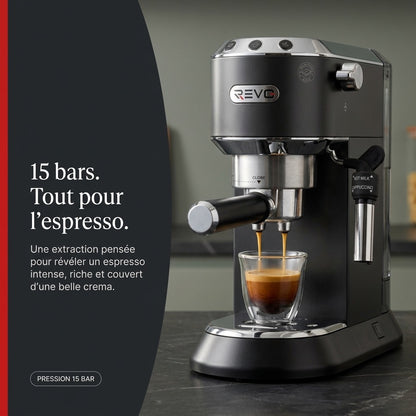 Machine à Expresso REVO Velora – 15 Bar – 1 350 W – Buse Vapeur – Café Moulu & Dosettes ESE – Réservoir 1 L