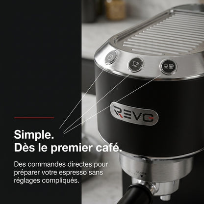 Machine à Expresso REVO Velora – 15 Bar – 1 350 W – Buse Vapeur – Café Moulu & Dosettes ESE – Réservoir 1 L