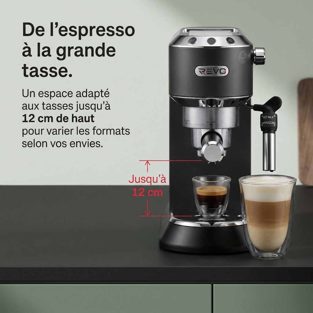 Machine à Expresso REVO Velora – 15 Bar – 1 350 W – Buse Vapeur – Café Moulu & Dosettes ESE – Réservoir 1 L