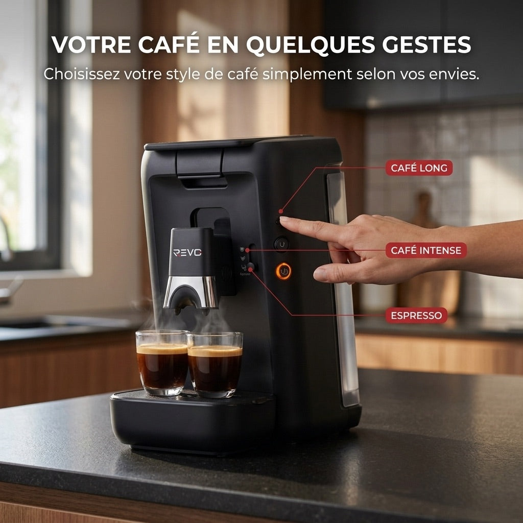Machine à Café à Dosettes REVO Duoza – 1 450 W – 3 Styles de Café – 2 Tasses Simultanées – Réservoir 1,2 L
