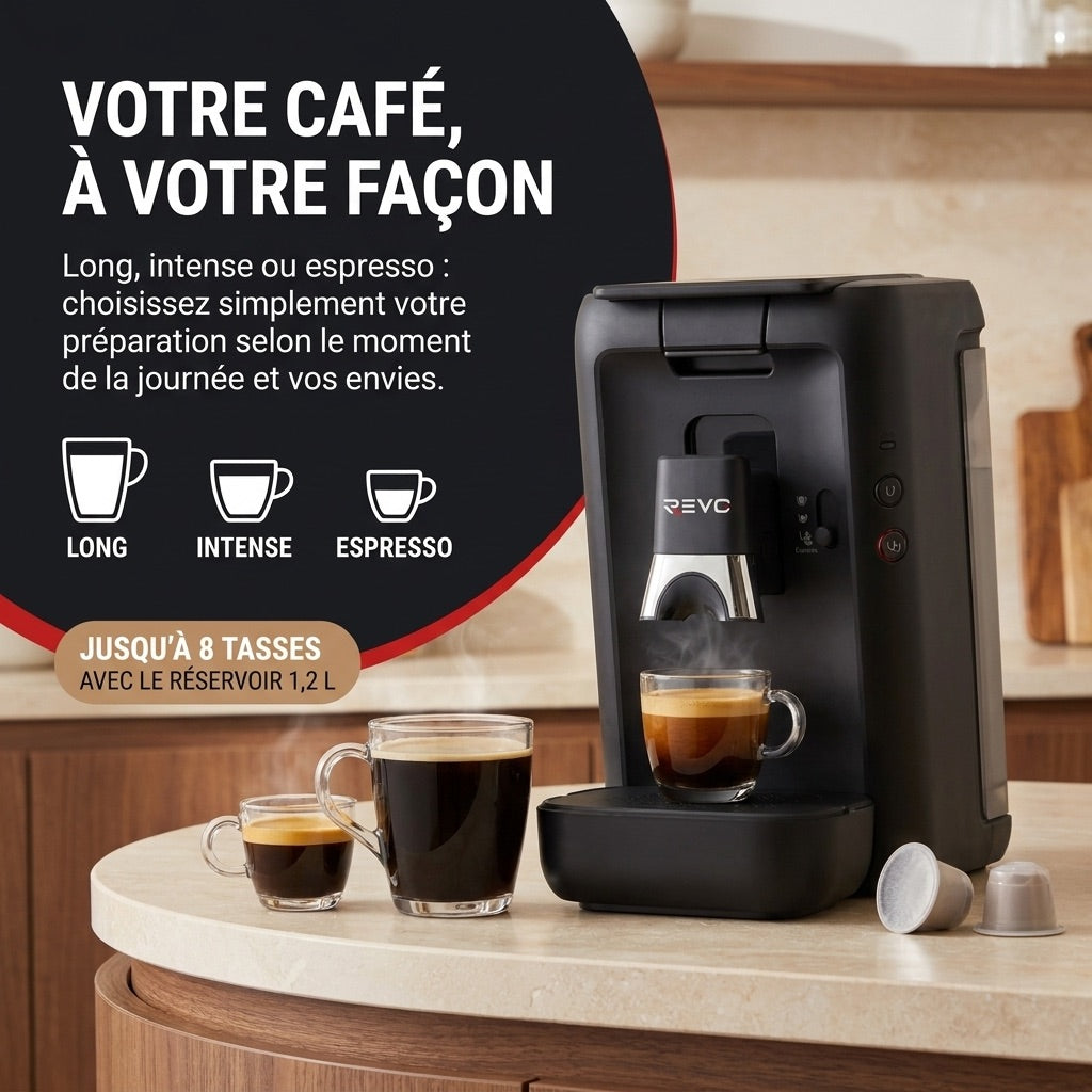 Machine à Café à Dosettes REVO Duoza – 1 450 W – 3 Styles de Café – 2 Tasses Simultanées – Réservoir 1,2 L