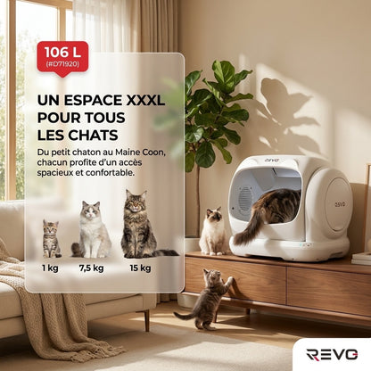 Litière Autonettoyante pour Chats REVO Felixa 106 – 106 L – Contrôle par Application – Jusqu’à 15 kg