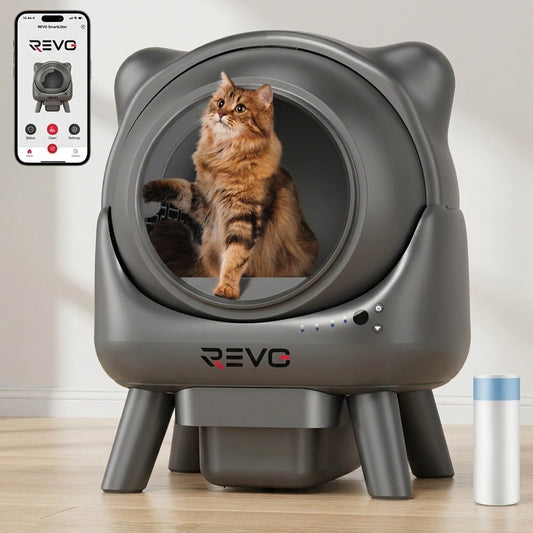 Litière Autonettoyante pour Chats REVO Nuvia 88 – Capacité 80 + 8 L – Application, Sécurité 10 Niveaux & Élimination des Odeurs