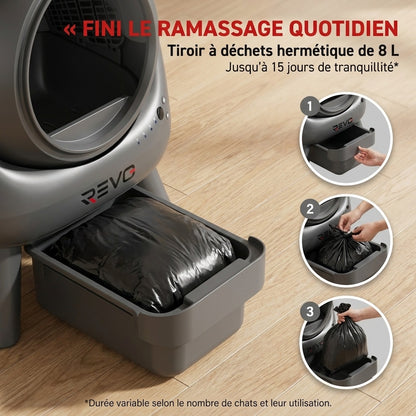 Litière Autonettoyante pour Chats REVO Nuvia 88 – Capacité 80 + 8 L – Application, Sécurité 10 Niveaux & Élimination des Odeurs