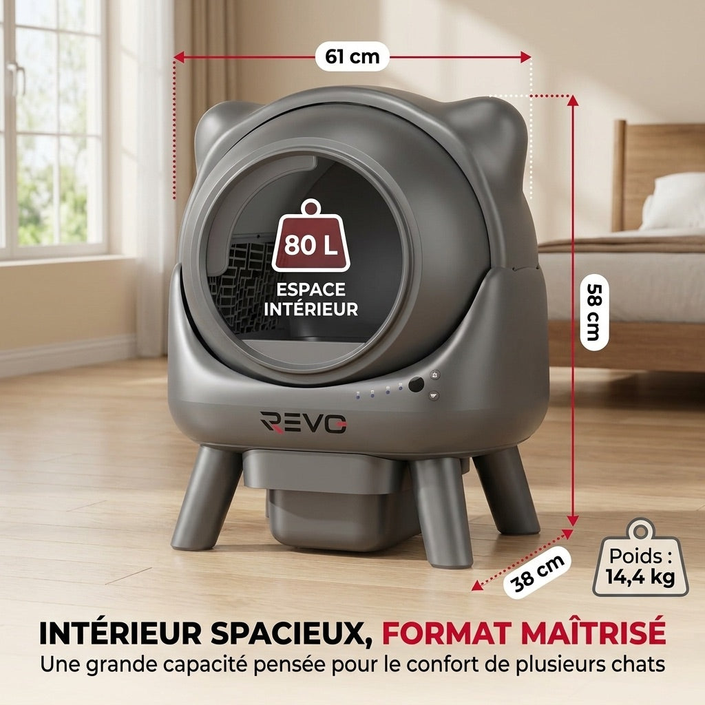 Litière Autonettoyante pour Chats REVO Nuvia 88 – Capacité 80 + 8 L – Application, Sécurité 10 Niveaux & Élimination des Odeurs