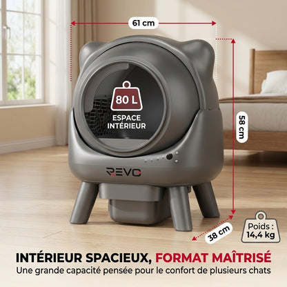Litière Autonettoyante pour Chats REVO Nuvia 88 – Capacité 80 + 8 L – Application, Sécurité 10 Niveaux & Élimination des Odeurs
