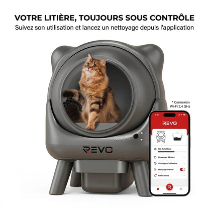 Litière Autonettoyante pour Chats REVO Nuvia 88 – Capacité 80 + 8 L – Application, Sécurité 10 Niveaux & Élimination des Odeurs