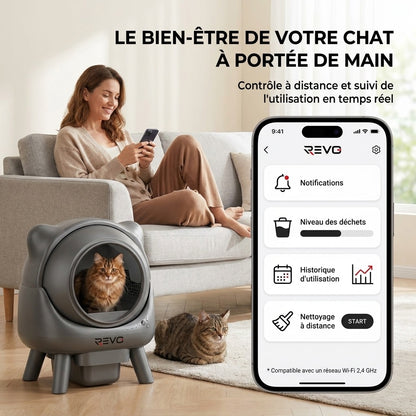 Litière Autonettoyante pour Chats REVO Nuvia 88 – Capacité 80 + 8 L – Application, Sécurité 10 Niveaux & Élimination des Odeurs