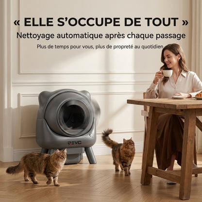 Litière Autonettoyante pour Chats REVO Nuvia 88 – Capacité 80 + 8 L – Application, Sécurité 10 Niveaux & Élimination des Odeurs
