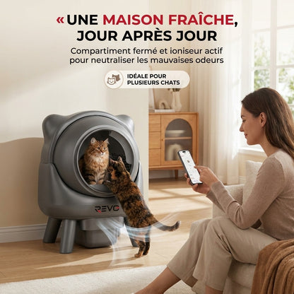 Litière Autonettoyante pour Chats REVO Nuvia 88 – Capacité 80 + 8 L – Application, Sécurité 10 Niveaux & Élimination des Odeurs