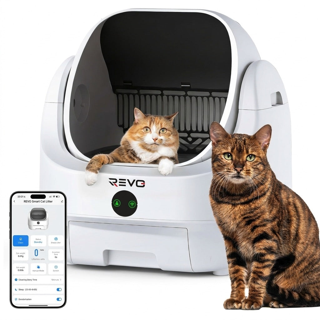 Litière Autonettoyante pour Chats REVO Alvya 9 – Conception Ouverte – Bac Hermétique 9 L – Application Wi‑Fi & Nettoyage Profond
