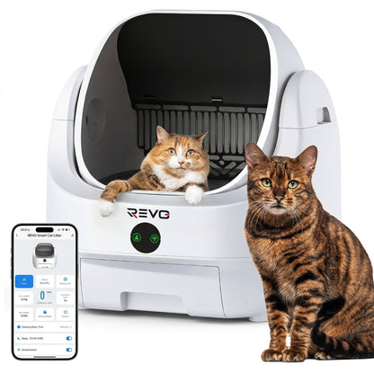 Litière Autonettoyante pour Chats REVO Alvya 9 – Conception Ouverte – Bac Hermétique 9 L – Application Wi‑Fi & Nettoyage Profond