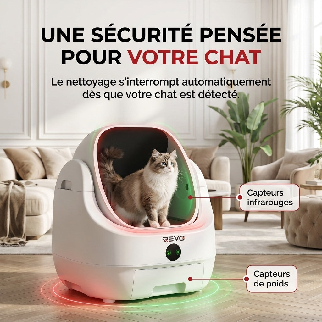 Litière Autonettoyante pour Chats REVO Alvya 9 – Conception Ouverte – Bac Hermétique 9 L – Application Wi‑Fi & Nettoyage Profond