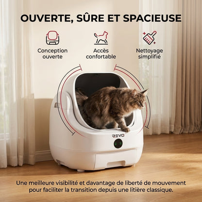 Litière Autonettoyante pour Chats REVO Alvya 9 – Conception Ouverte – Bac Hermétique 9 L – Application Wi‑Fi & Nettoyage Profond