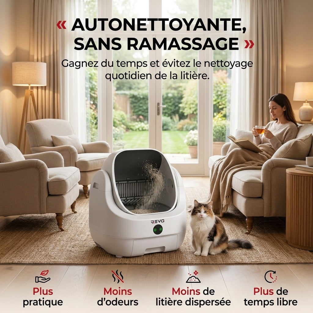 Litière Autonettoyante pour Chats REVO Alvya 9 – Conception Ouverte – Bac Hermétique 9 L – Application Wi‑Fi & Nettoyage Profond