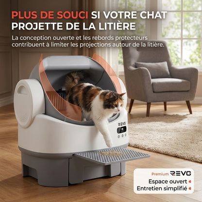 Litière Autonettoyante pour Chats REVO Selya 12 – Bac 12 L – Application – 6 Capteurs de Sécurité – Conception XXL Ouverte